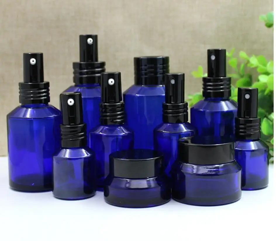 

15ml30ml60ml100ml120ml blue glass bottle jar pot tin lotion emulsion serum foundation cream gel eye essence skin packing