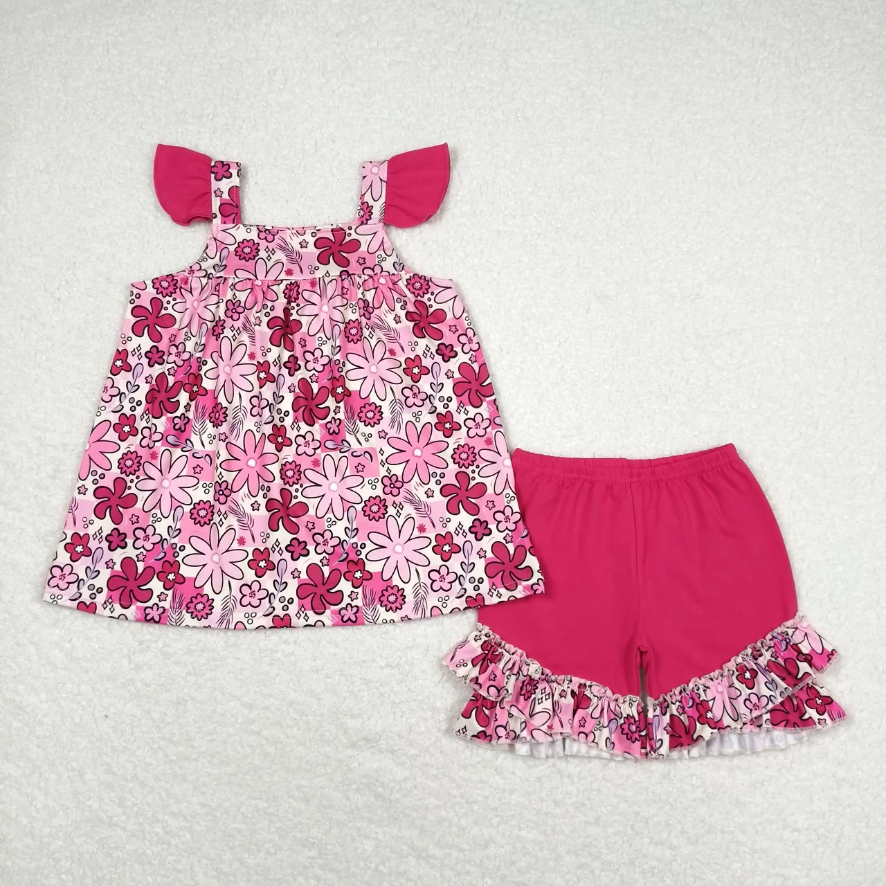 

Wholesale Toddler Sleeveless Floral Tunic Tops Kids Ruffle Dark Pink Shorts Baby Girls Set Children Summer Infant Flower Outfits