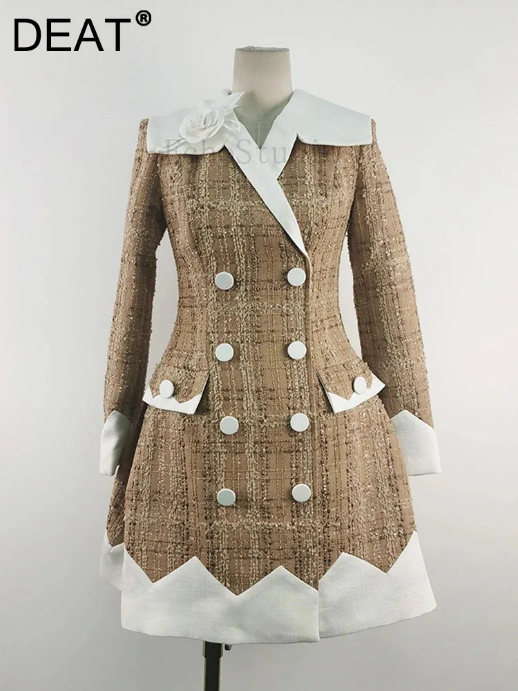 

DEAT 2024 New Patchwork Contrast Color Dress For Women Lapel Waist Double Breasted Woolen Plaid Dresses Female Fashion 13DB3900