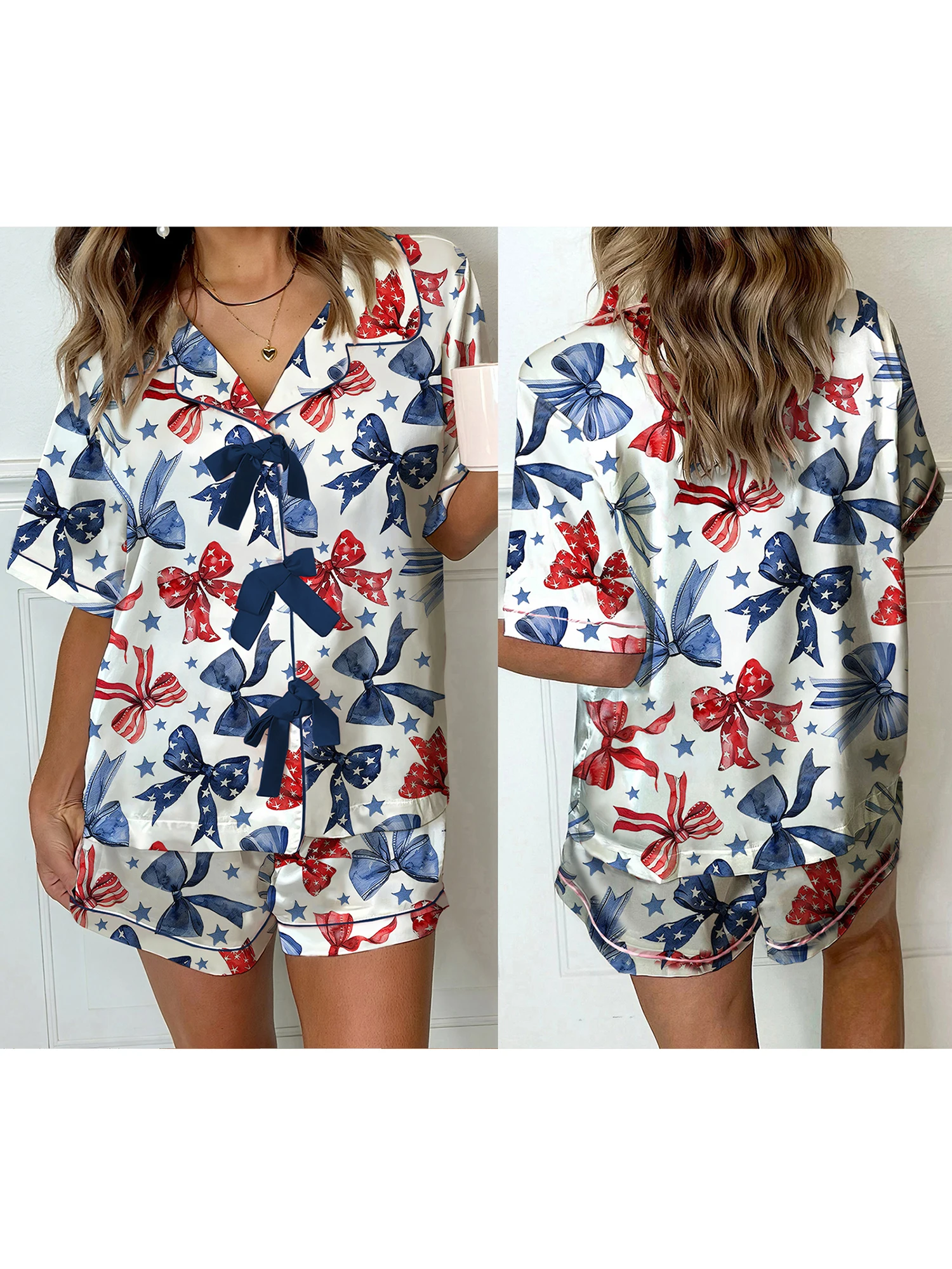 Women s Patriotic Satin Pajama Set with Star Print Short Sleeve Button Down Top and Elastic Waist Shorts for 4th of July