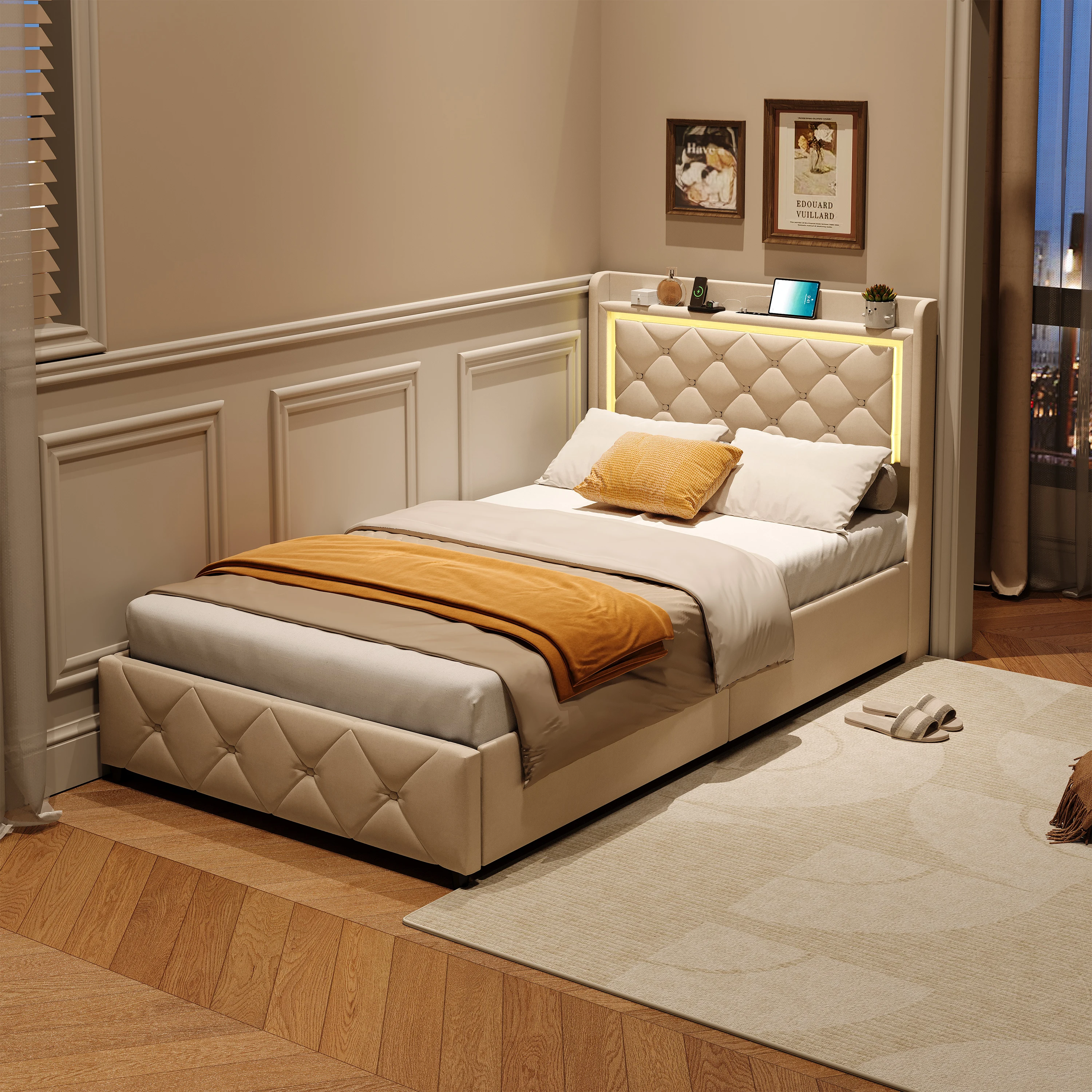 Superaly 90x200cm gepolstertes Einzelbett, Kinderbett, Jugendbett mit USB-Ladefunktion und LED-Beleuchtung, Samtstoff, Beige – Detail 5