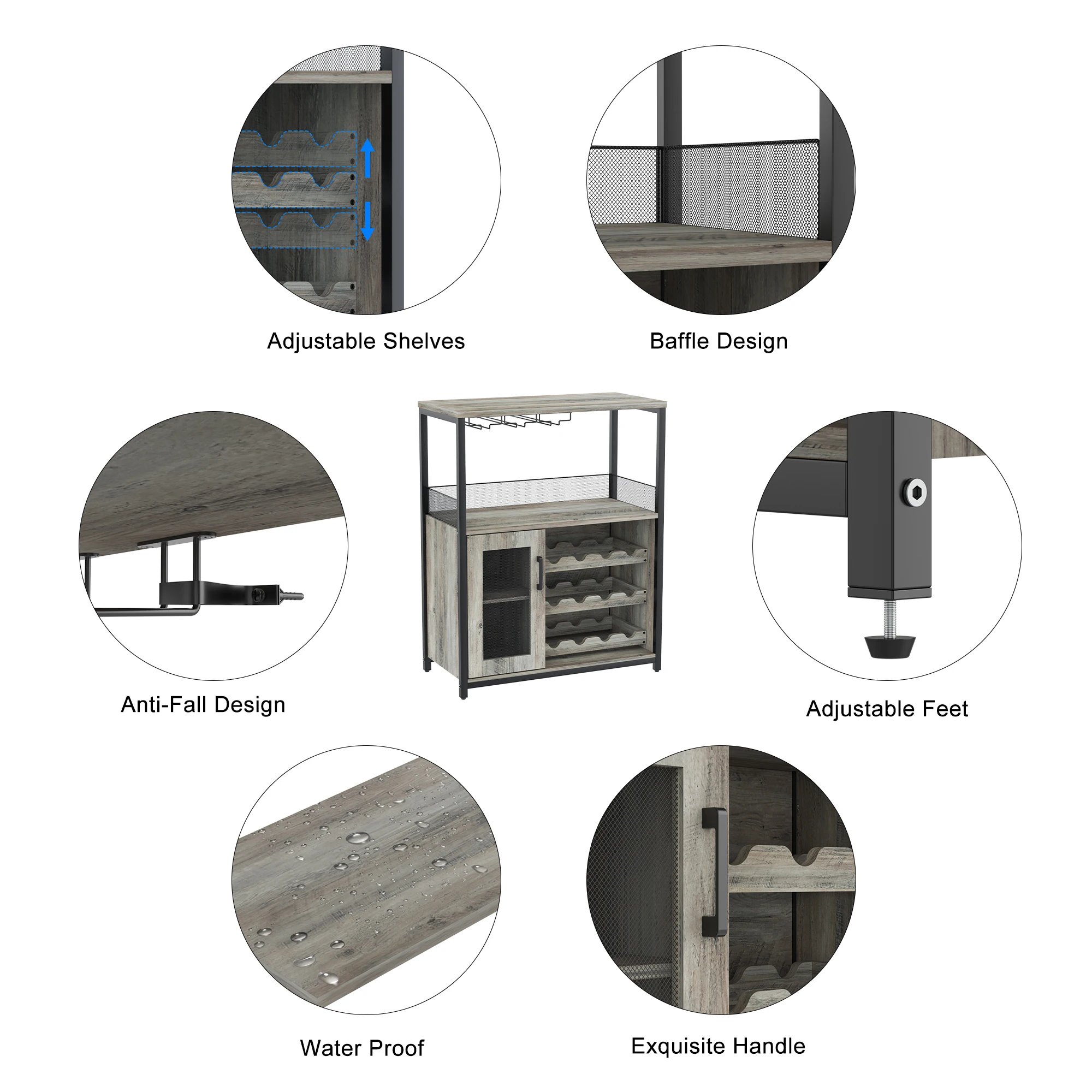 Wine Cabinet with Large Storage Space Detachable Rack Industrial Sideboard and Buffet Cabinet with Glass Holder and Mesh Door