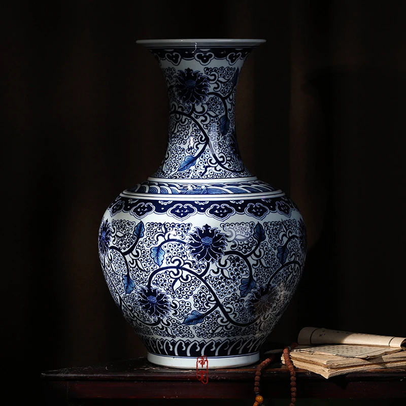 

Jingdezhen Ceramics Antique Hand Painted Blue and White Porcelain Vase Decoration Home Living Room Flower Arrangement TV Cabinet