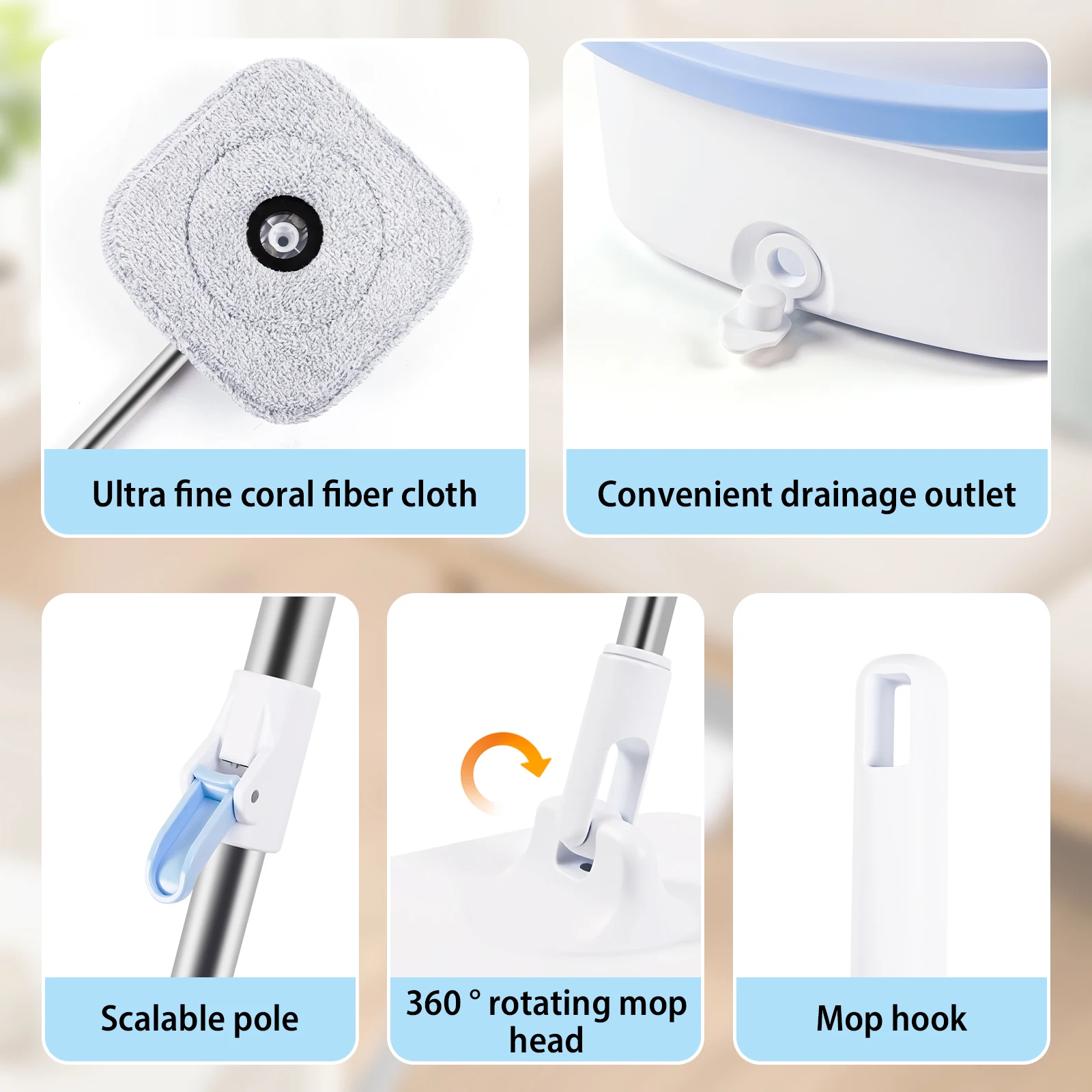 360° Spin Mop and Bucket Tool Set, Home Office Spin Mop Dehydrate ,For Floor Tile Wood Window Cleaning Washable Fiber Cloth Mopp