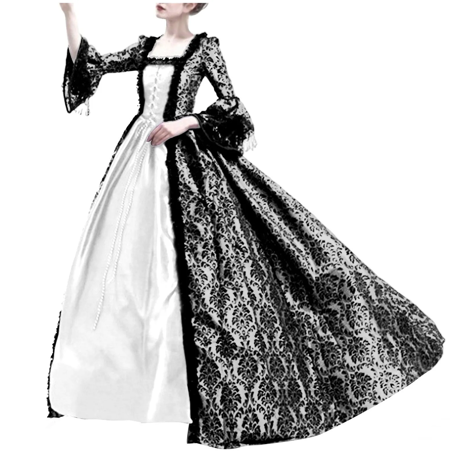 YORDET Abbigliamento medievale da donna in raso, abito rinascimentale, stile retrò, maniche a tromba, abbigliamento gotico, vestito per cosplay