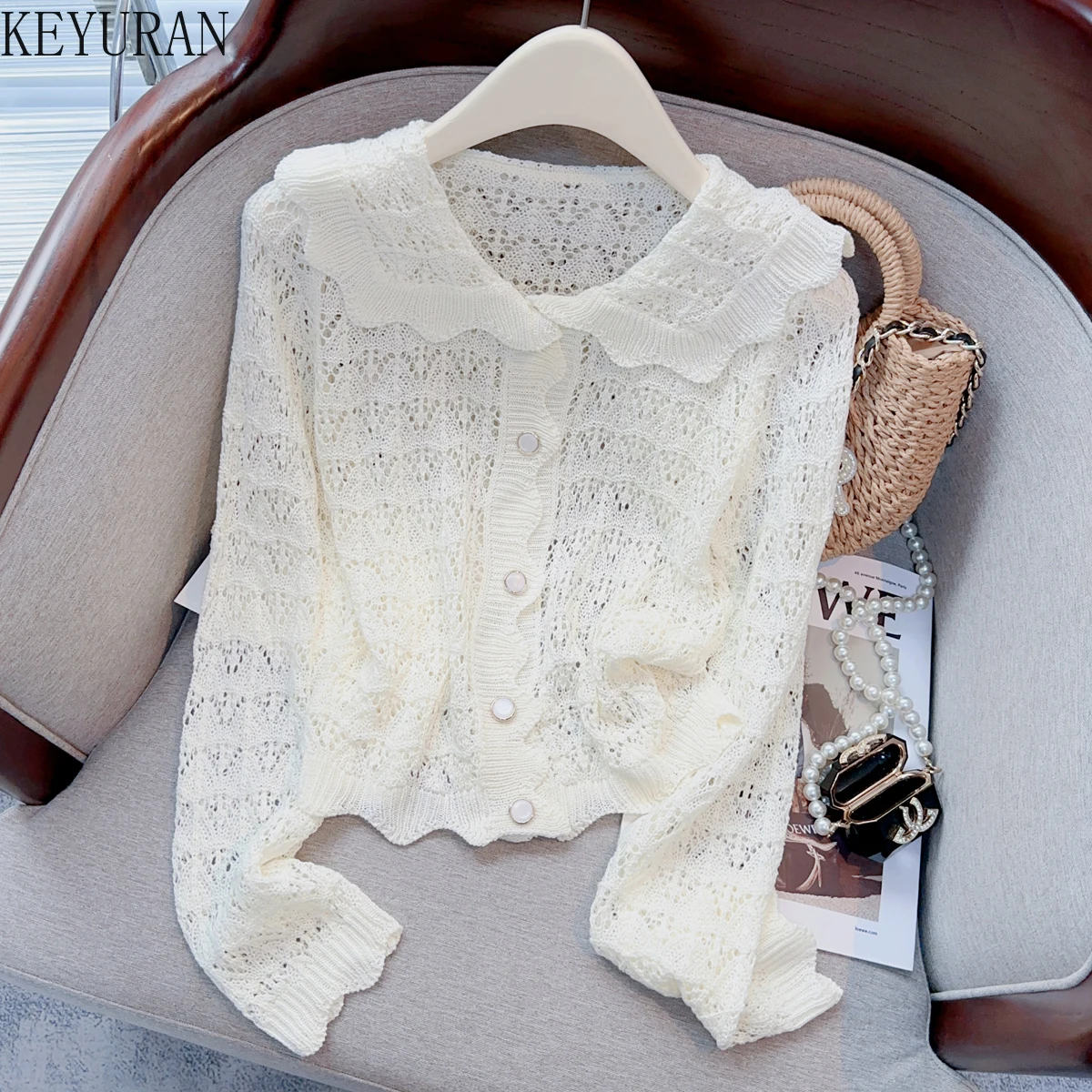 

2023 Autumn New Knitted Cardigan Women Gentle Sweet Peter Pan Collar Long Sleeve Crochet Hollow Out Sweater Mujer Knitwear Tops