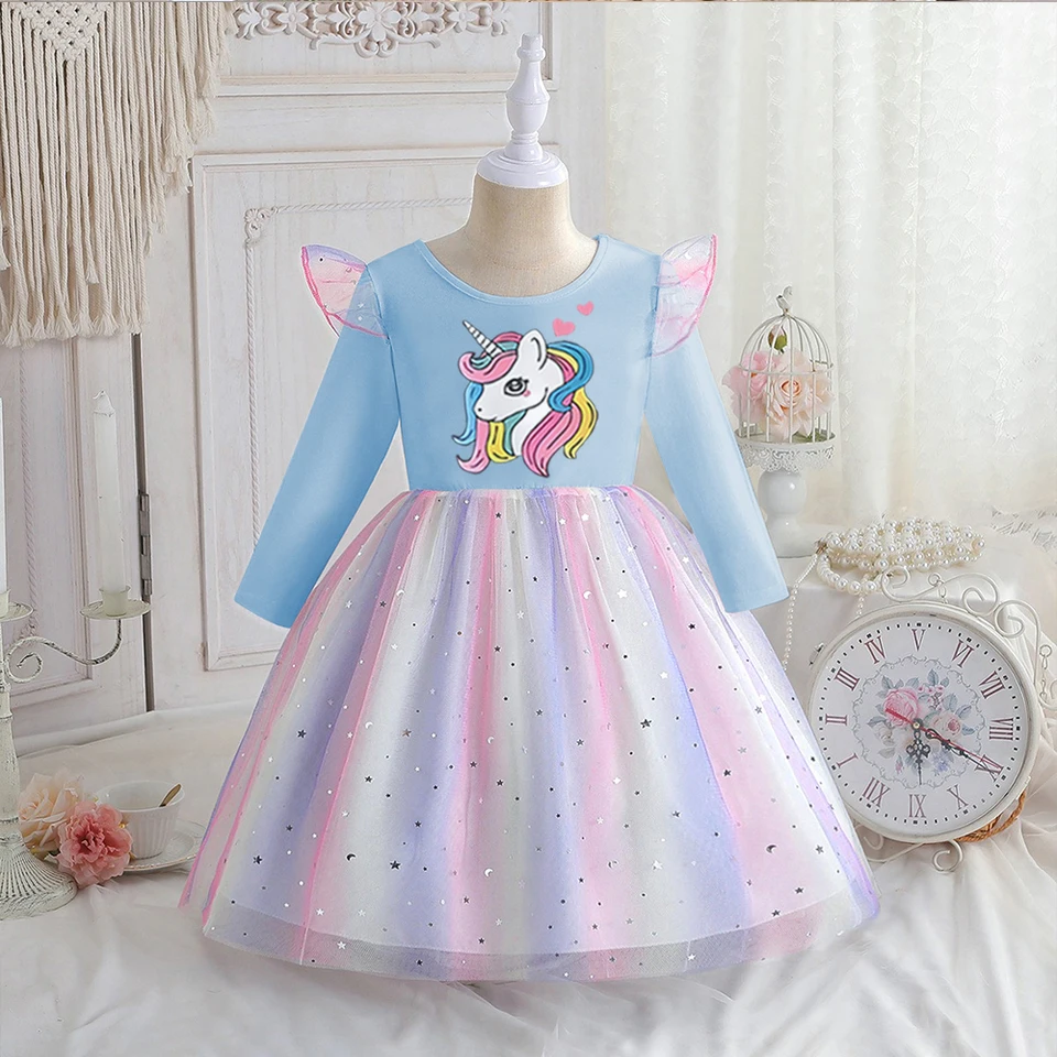 2025 New Unicorn Princess Dress Baby Girls Dress Spring Autumn Long-sleeved  For Children Kids Clothes Birthday Party Rainbow - AliExpress 1501