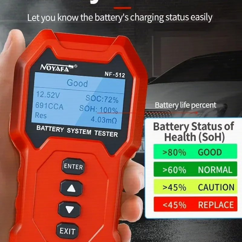 Scanner diagnostico per batterie auto 12V 24V con schermo LCD chiaro, funzione di test del carica e della carica di avviamento per tutte le batterie al litio dei veicoli NF-512