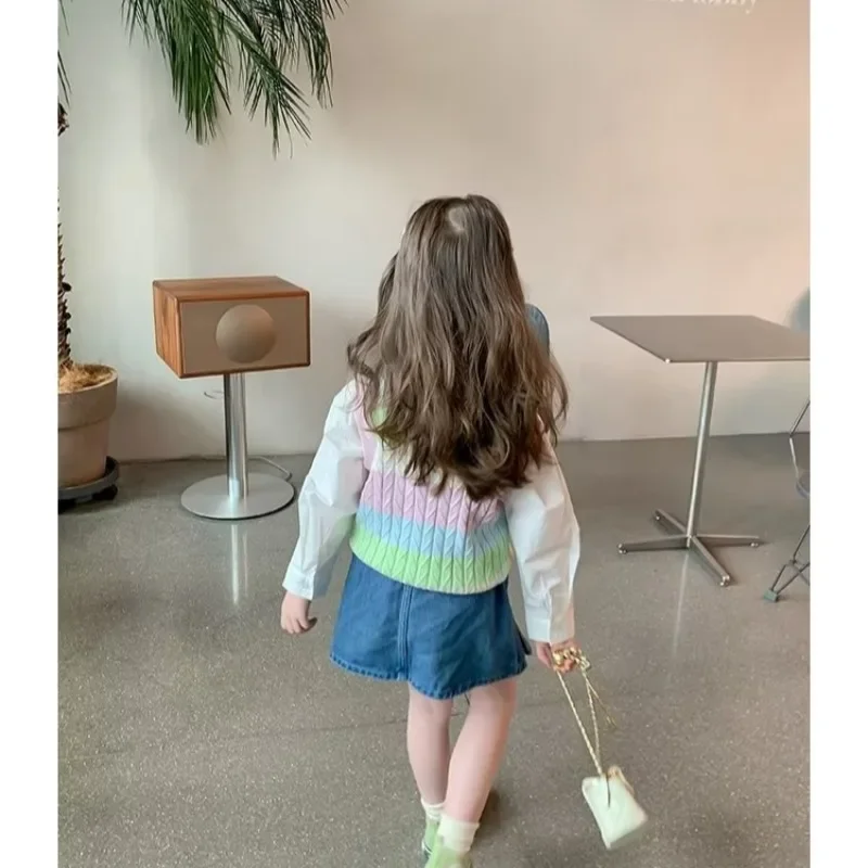 어린이 용수철 민소매 어깨 조끼, 컬러 블록 레이어드 스웨터 조끼, 여아 용, 가을 신상 스타일