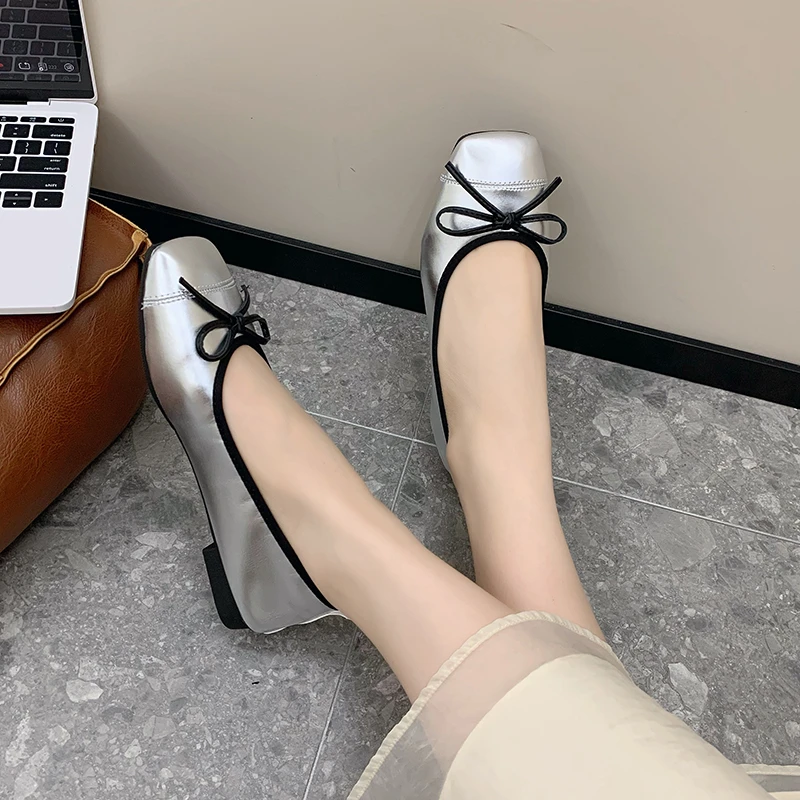 Aphixta Butterfly Knot Design Slip On Flats Soft Leather Shoes Shallow Solid Color Women Loafers  Square Toe Autumn Casual Shoes