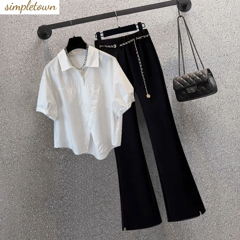 2023 Summer New Large Women's Irregular Short Sleeve Shirt Women's Casual Loose Shirt Versatile Pants Two Piece Set