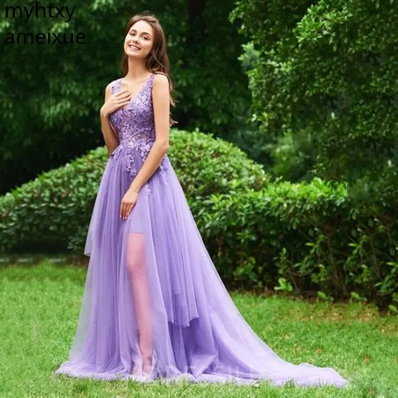 

Sexy Sleeveless Formal Evening Dress V-neck Floor-length Sweep Train Tulle Sleeveless Backless Prom Dresses Vestido De Festa