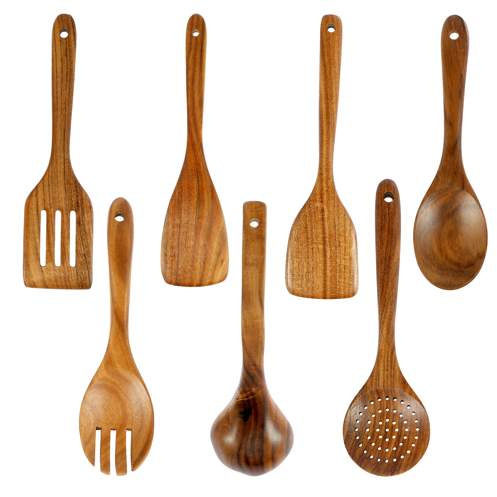 

7Pcs Wooden Kitchen Utensils Set Wooden Spoons with Hanging Hole Wood Spatula Spoon Comfortable Grip Colander Fork Set