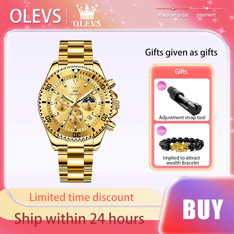 OLEVS Top Wristwatch Brand Stainless Steel Strap Men's Watches Gold Luxury waterproof Original Quartz Watch Moon Phase Luminous смарт часы xiaomi watch s1 active gl moon white bhr5381gl