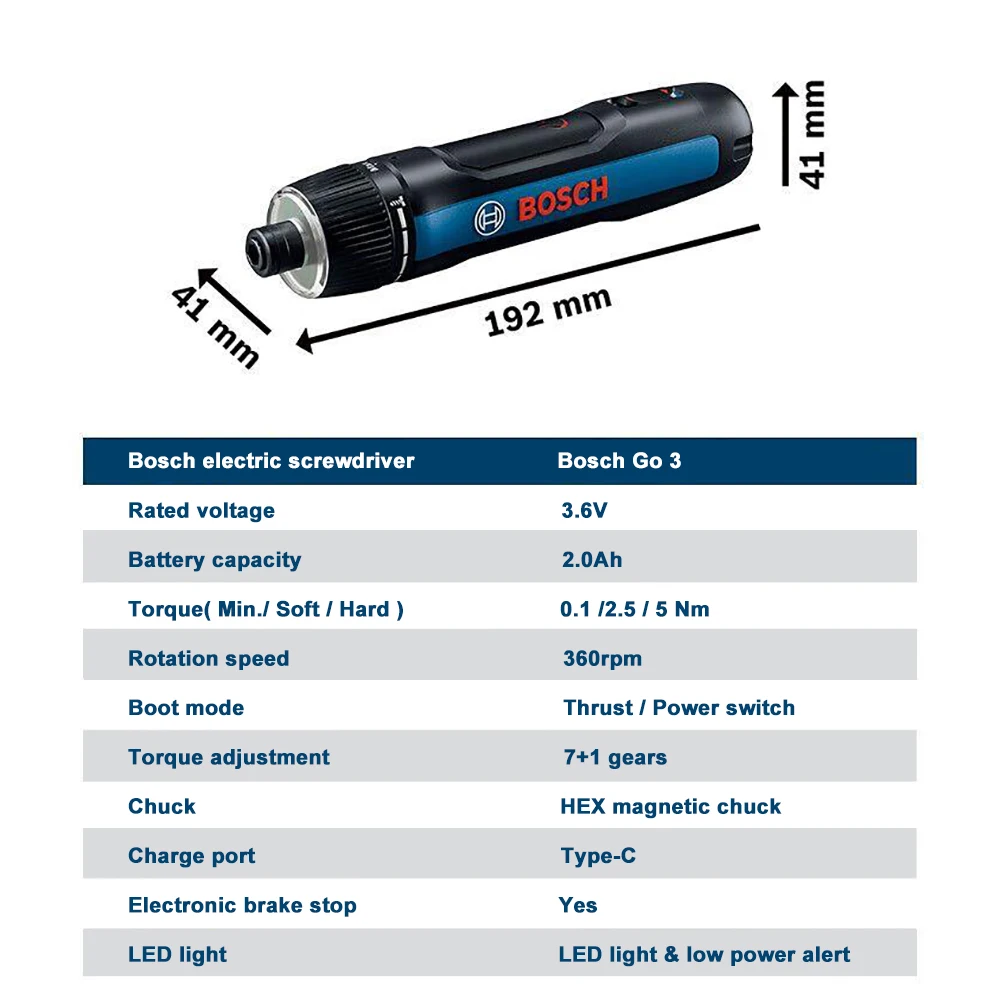 BOSCH GO 3 무선 전동 스크루드라이버, C타입 충전 스크루드라이버, 3.6V 2Ah 배터리 스크류 드라이버, 5 Nm