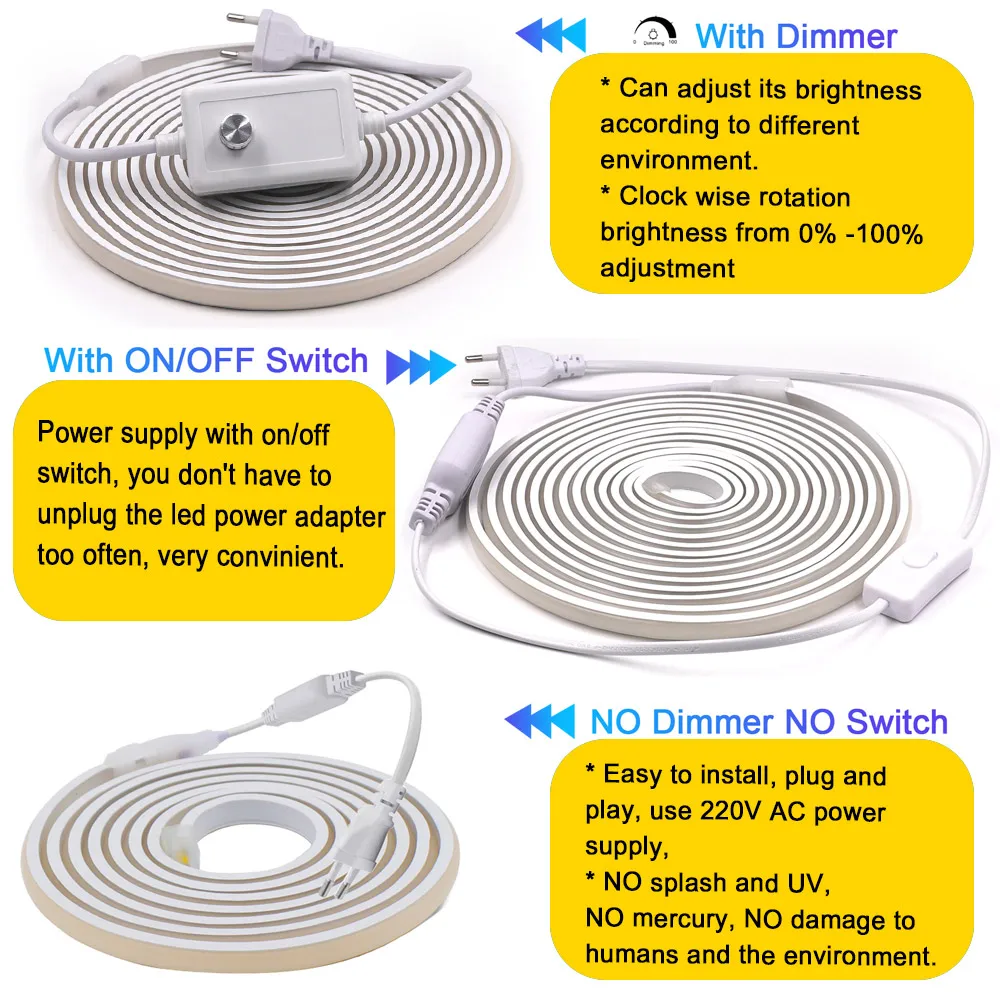 Dimmerabile COB LED Neon Strip Light 220V Dimmer Switch Kit di alimentazione ad alta densità 288 LED illuminazione lineare IP68 nastro flessibile impermeabile