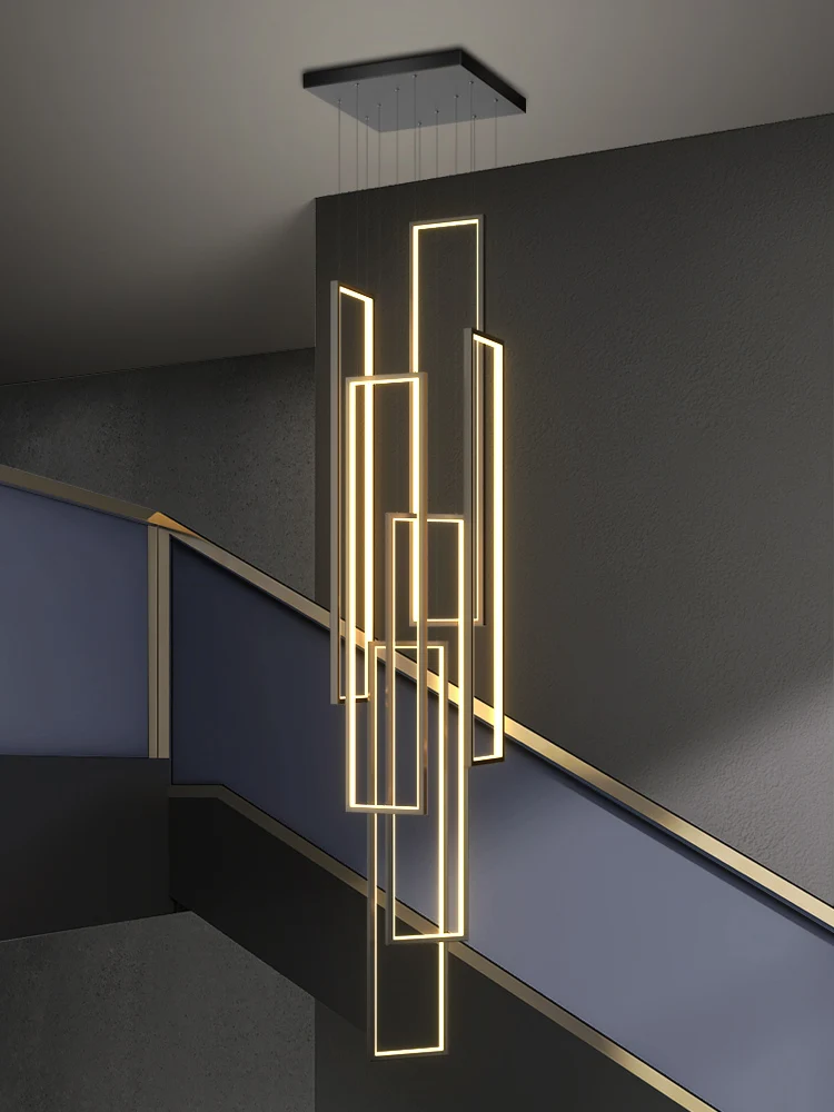 Modern LED Stair long chandelier minimalist creative rectangular villa duplex chandelier Nordic luxury loft living room Lamps led chandelier ceiling chandelier