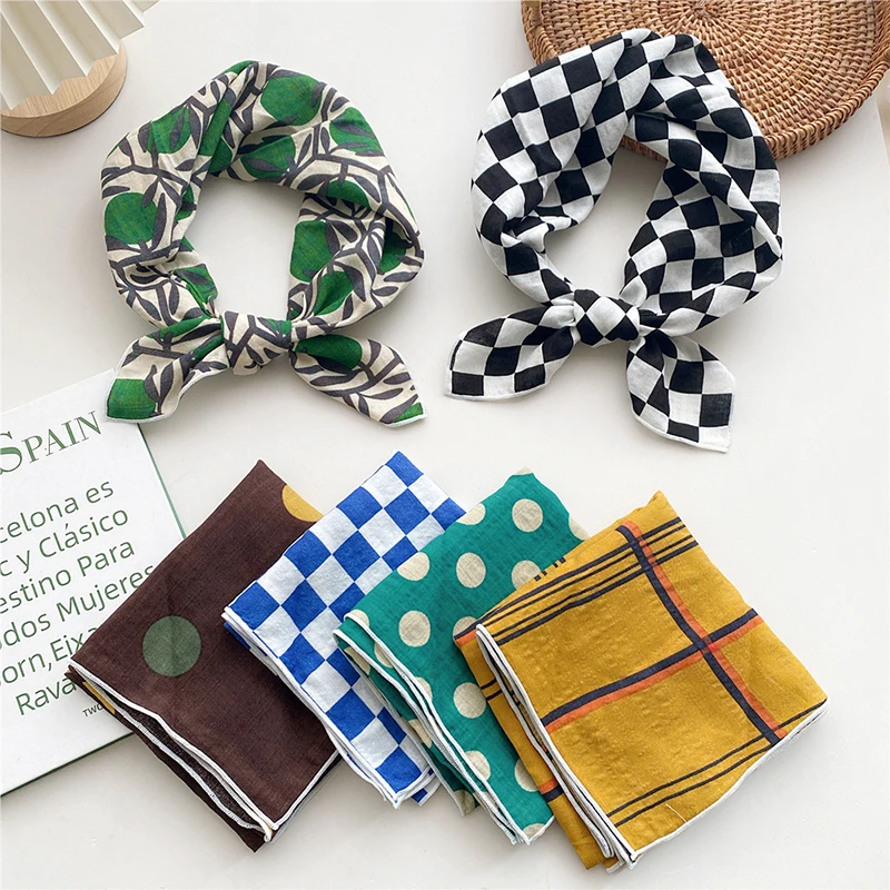 

Small Square Scarf Women Headscarf Work Scarf Dots Printed Office Neckerchief Handkerchief Plaid Cotton Linen Headscarf INS