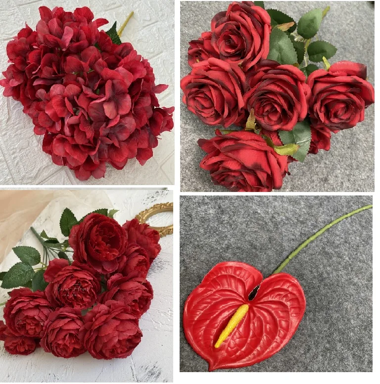 Decorazioni Per Matrimoni Rose Red Wine Red Artificial Rose Flower Row Road Guide Fiore Di Ortensia Fiore Di Seta