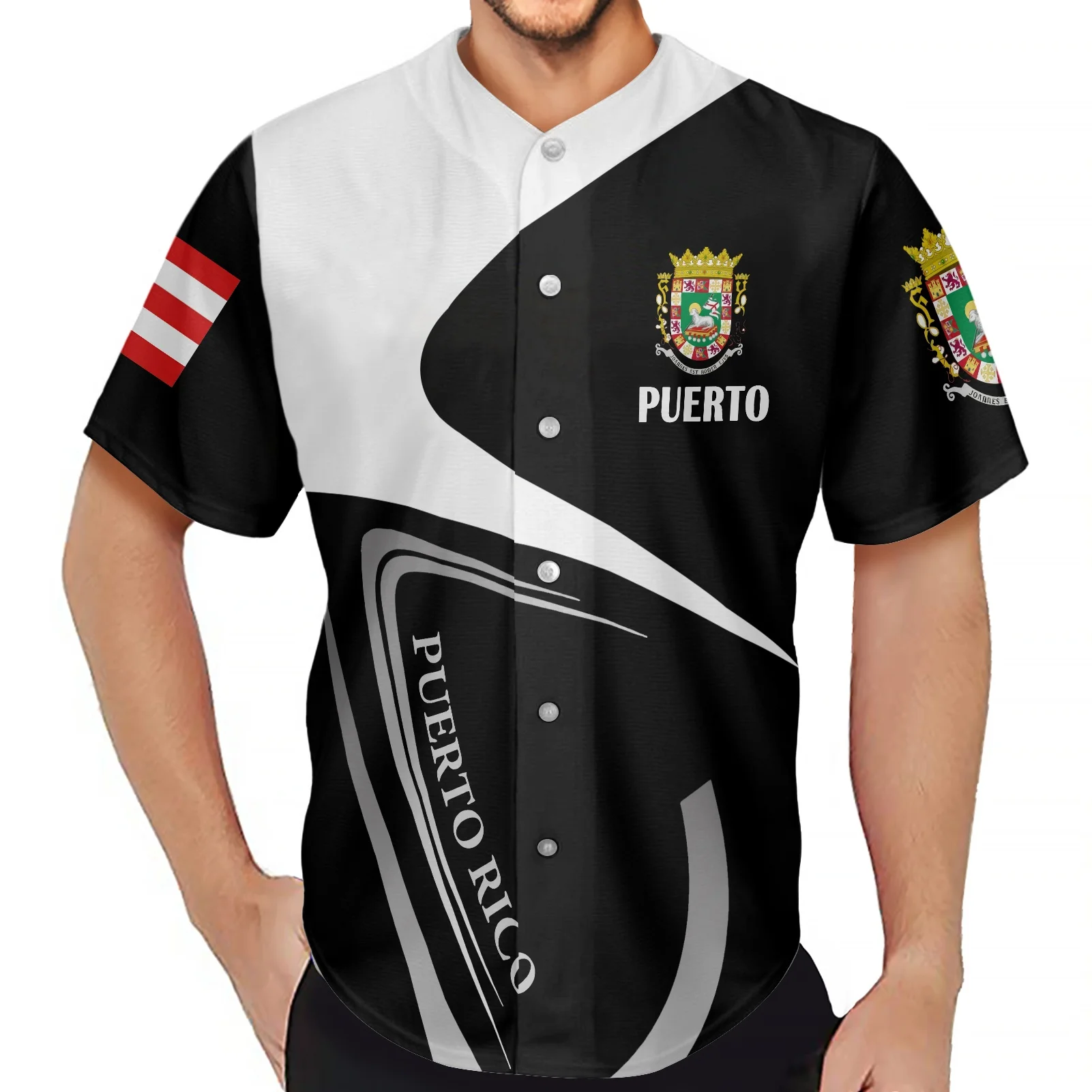 Black And White Men's POLO Shirts Puerto Rico Flag Print Shirts Summer Large Size Round Neck Single Breasted Baseball Uniform