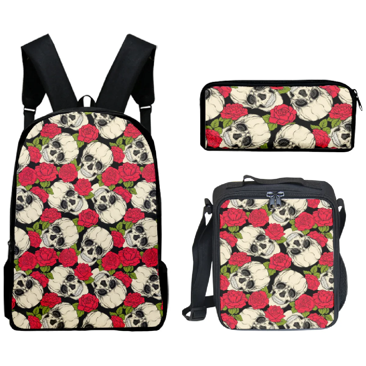 3psc/set Flower Skull Backpack Primary Middle School Students Boys Girls Schoolbag Lunch Bag Pen Case 3D Oxford Travel Backpack