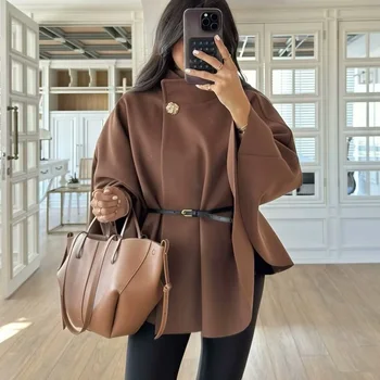 HXAO معطف نسائي قصير معاطف الرأس للنساء حزام فو الصوف ويمزج معاطف الخريف الشتاء الصلبة معاطف أنيقة عباءة سترة السيدات 2