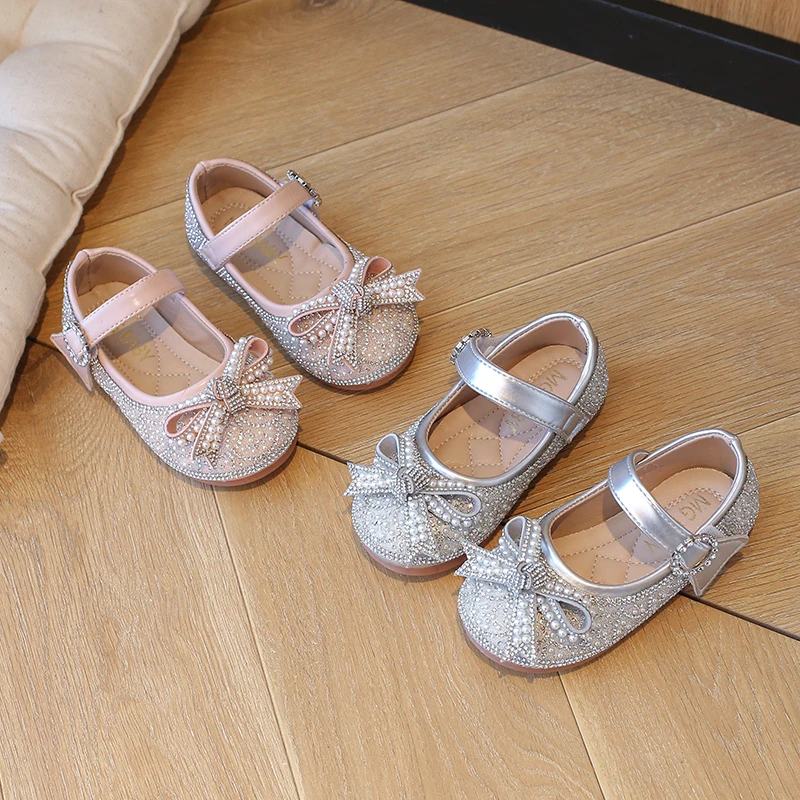 Princess Kids Leather Shoes for Girls Casual Glitter Low Heel Beaded Butterfly Knot Pink Silver