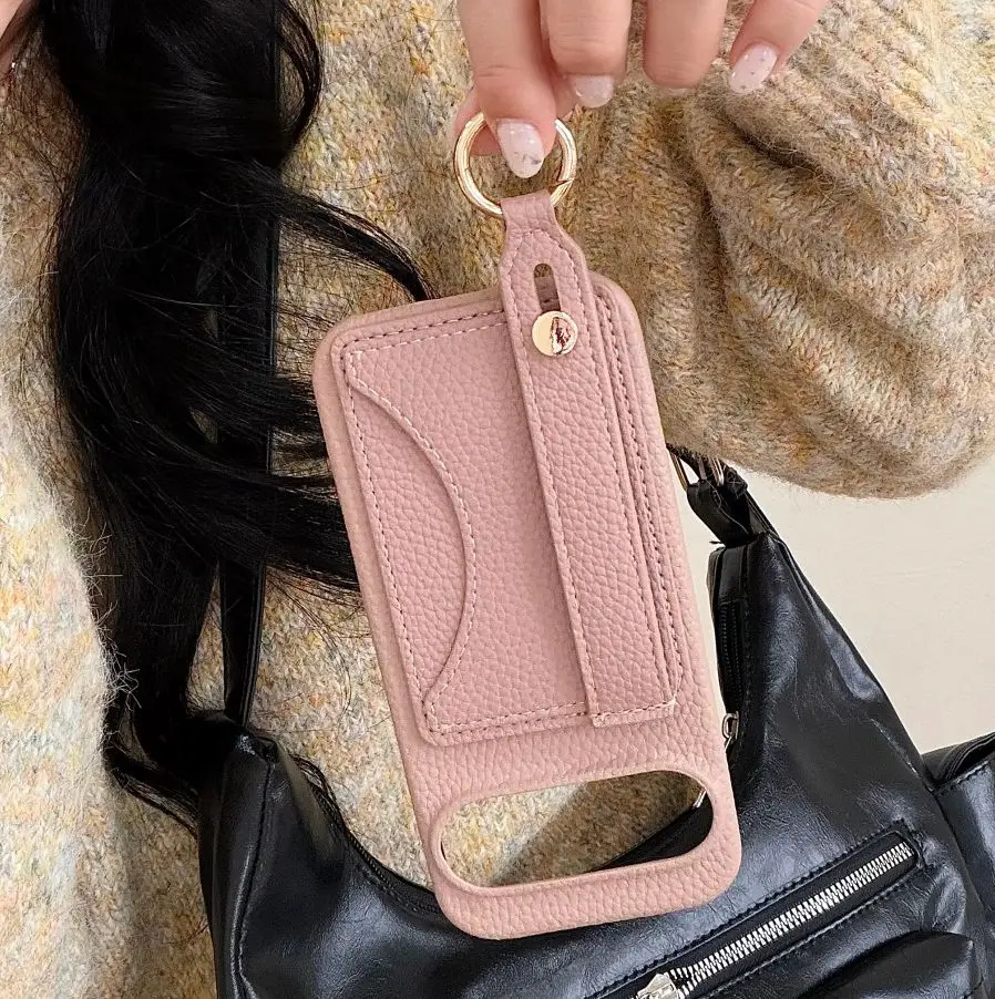 Luxury Matte Leather Wrist Strap Lanyard Wallet Phone Case