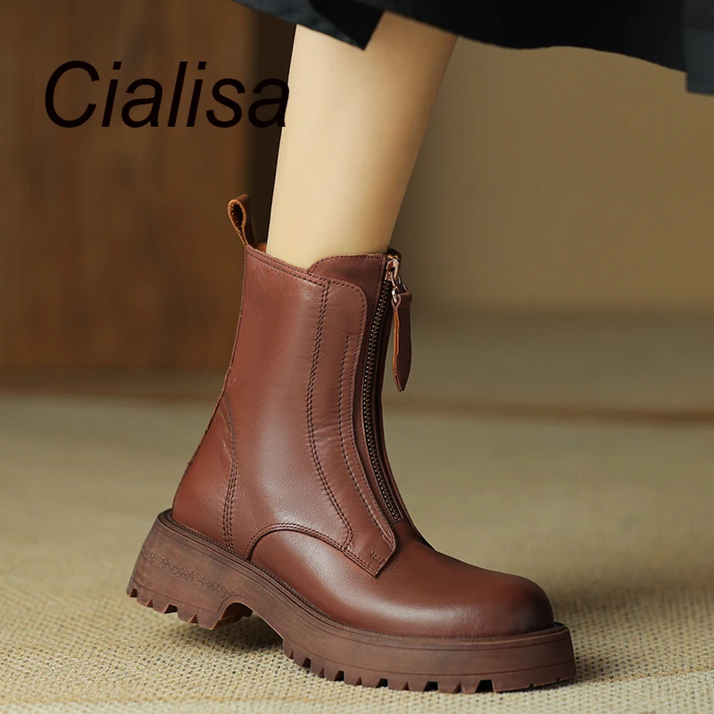 

Cialisa Short Boots For Women Autumn Winter High Quality Genuine Leather Shoes Handmade Thick Mid Heels Lady Ankle Boots Brown