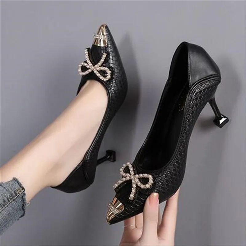 White Shoes Striped Plaid Pointed Toe Stiletto Bow Fashion Pure Desire Nightclub Professional Wear Rhinestone High-heeled 5-7cm