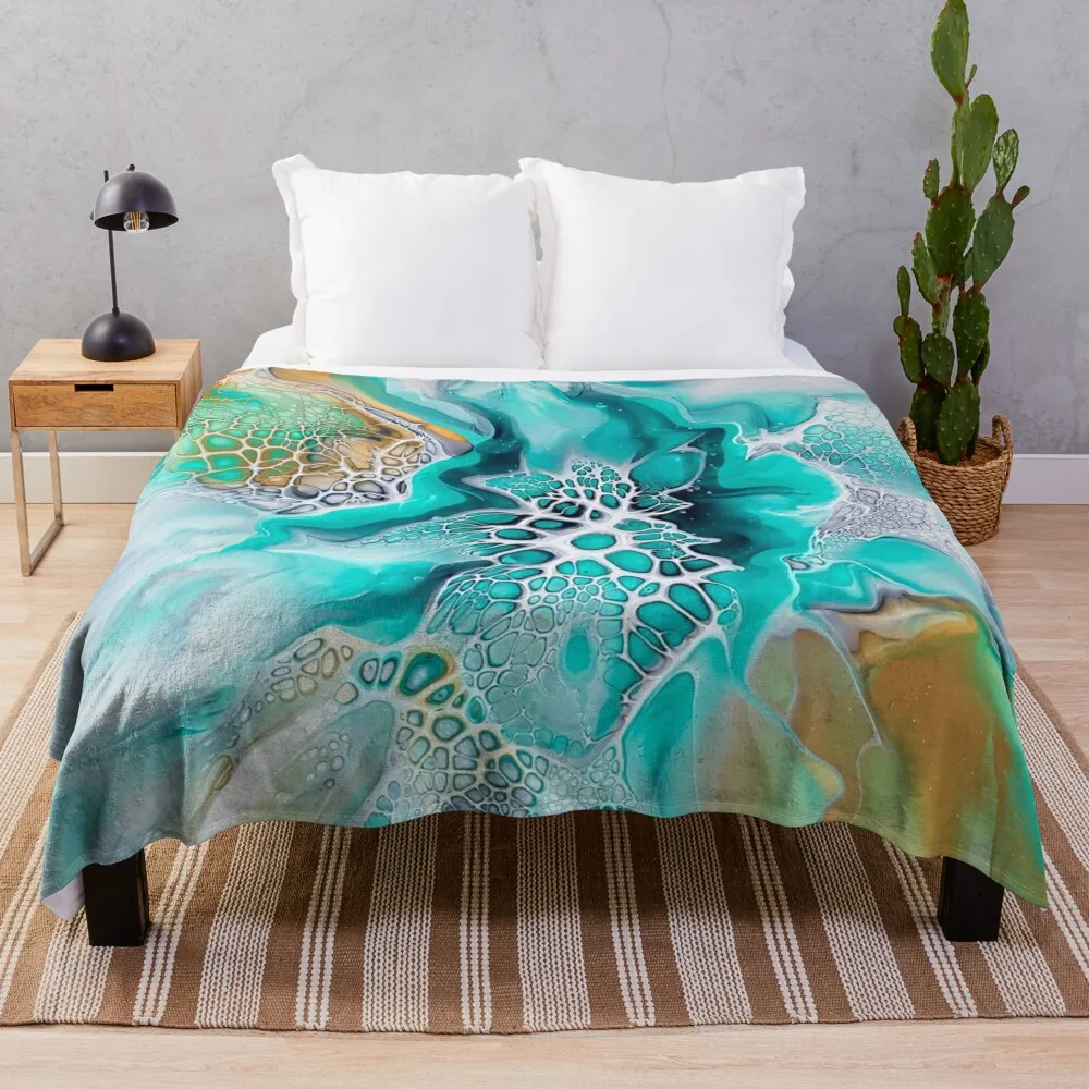 

Green Lagoon Inspired Fluid Pour Art Painting with Gold and Grey Throw Blanket Designers Travel Blankets