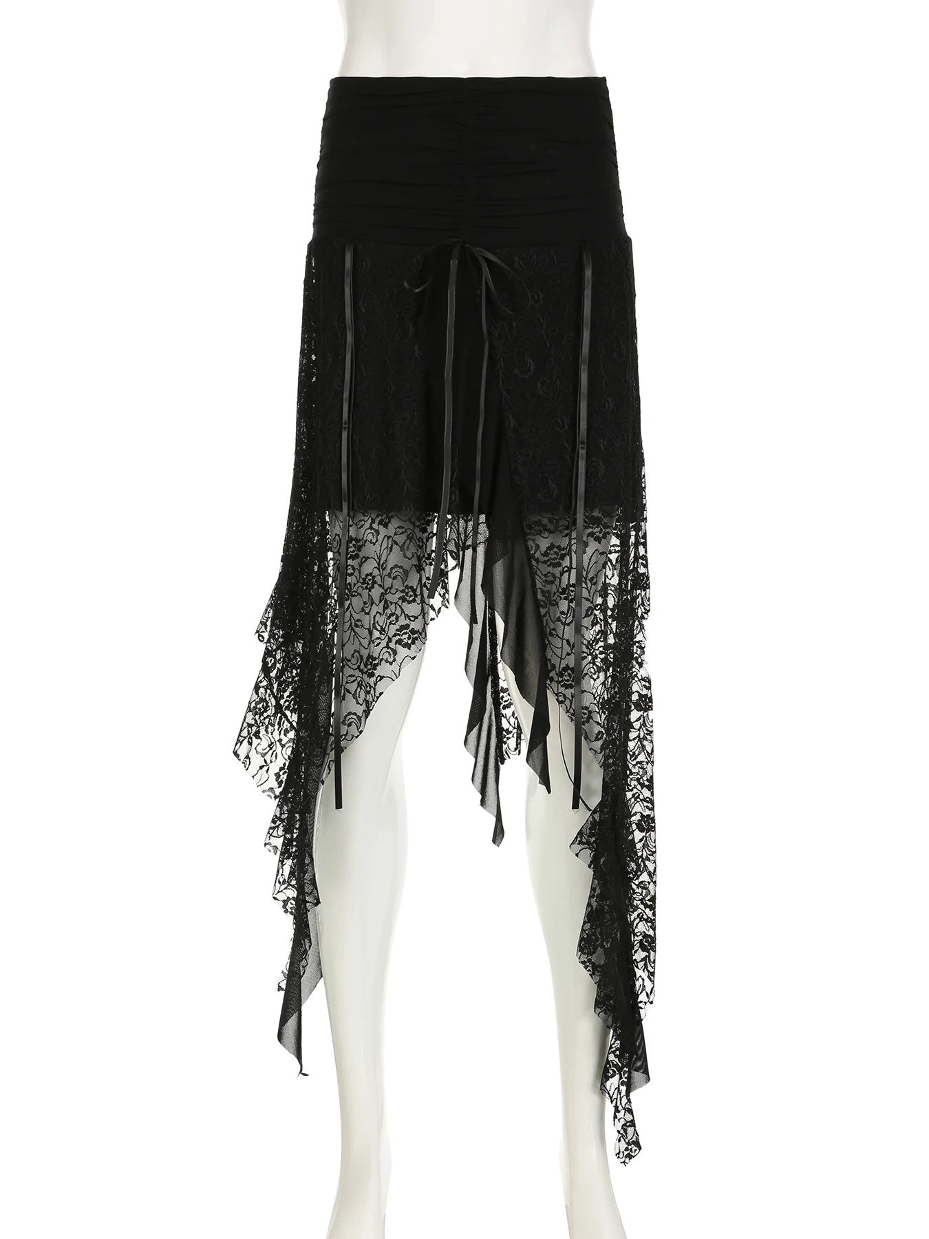 GORGLITTER Damen Goth Rock Mit Spitze - Asymmetrischer Midirock