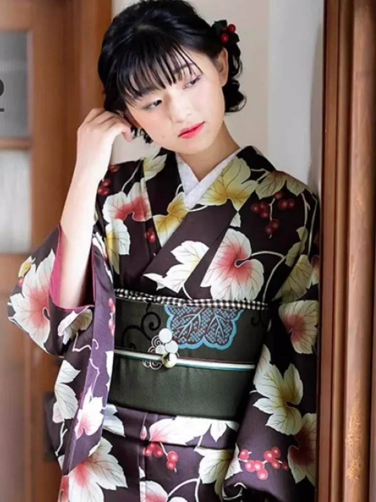 Japanese traditional formal wear kimono women's double fabrics small grain grape leaves chemical fiber wrinkle-free non-ironing