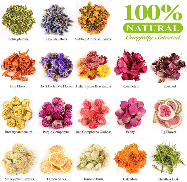 16 Bags Dried Flowers 5g per pack, candle making kit,Natural Dried Flowers  Herbs Kit for Soap Making, DIY Candle Making,dried flowers for crafts,Bath  - soap making supplies,Include Rose Petals,Lavender,Don't Forget  Me,Lilium,Jasmine,Rosebudsand More