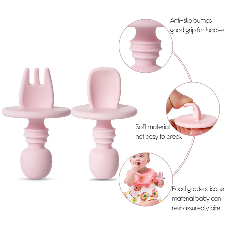 Food Grade Children Wooden Handle Silicone Spoon Fork Cutlery Baby Training Complementary Food Spoon Baby Feeding Spoon Fork 2