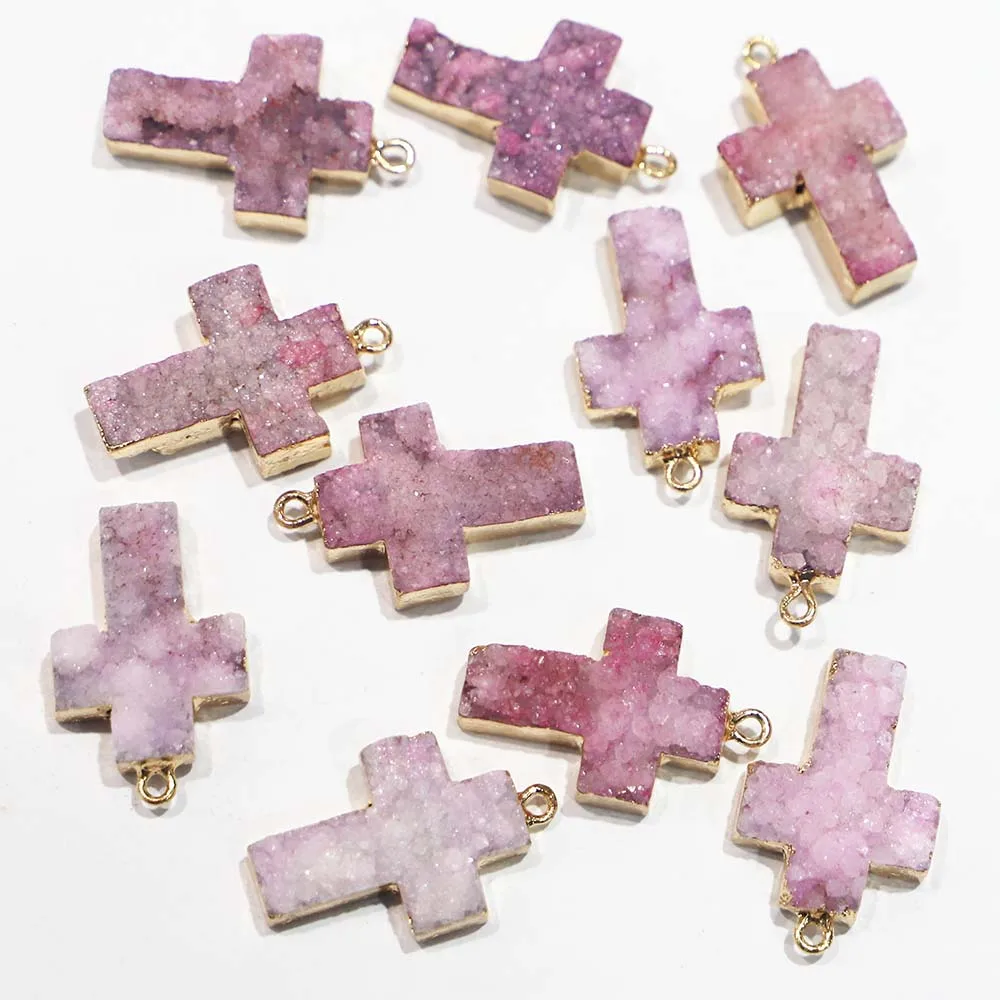 

Natural Stone Pink Agates Druzy Cross Necklace Pendants Unisex Charms DIY Fashion Making Jewelry Gift Accessories Wholesale 6Pcs