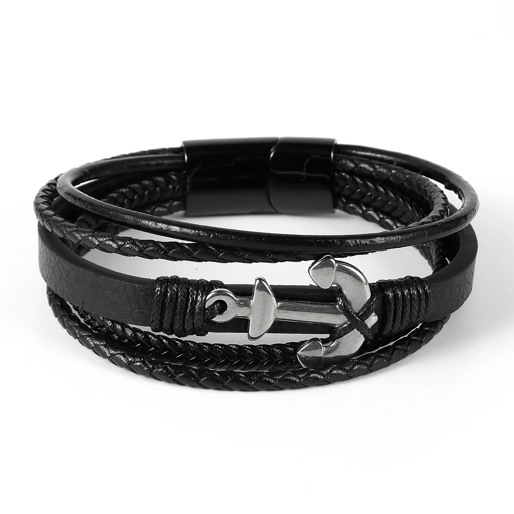 

Multilayer Braided Rope Anchor Genuine Leather Mens Bracelets Stainless Steel Charms Magnetic Cuffs Punk Bangles Boyfriend Gift