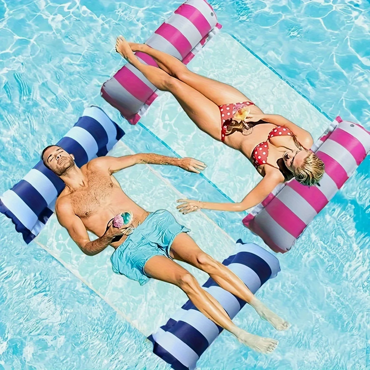 Striped Inflatable Foldable Lounge Chair with Net Backrest for Pool and Beach Relaxation