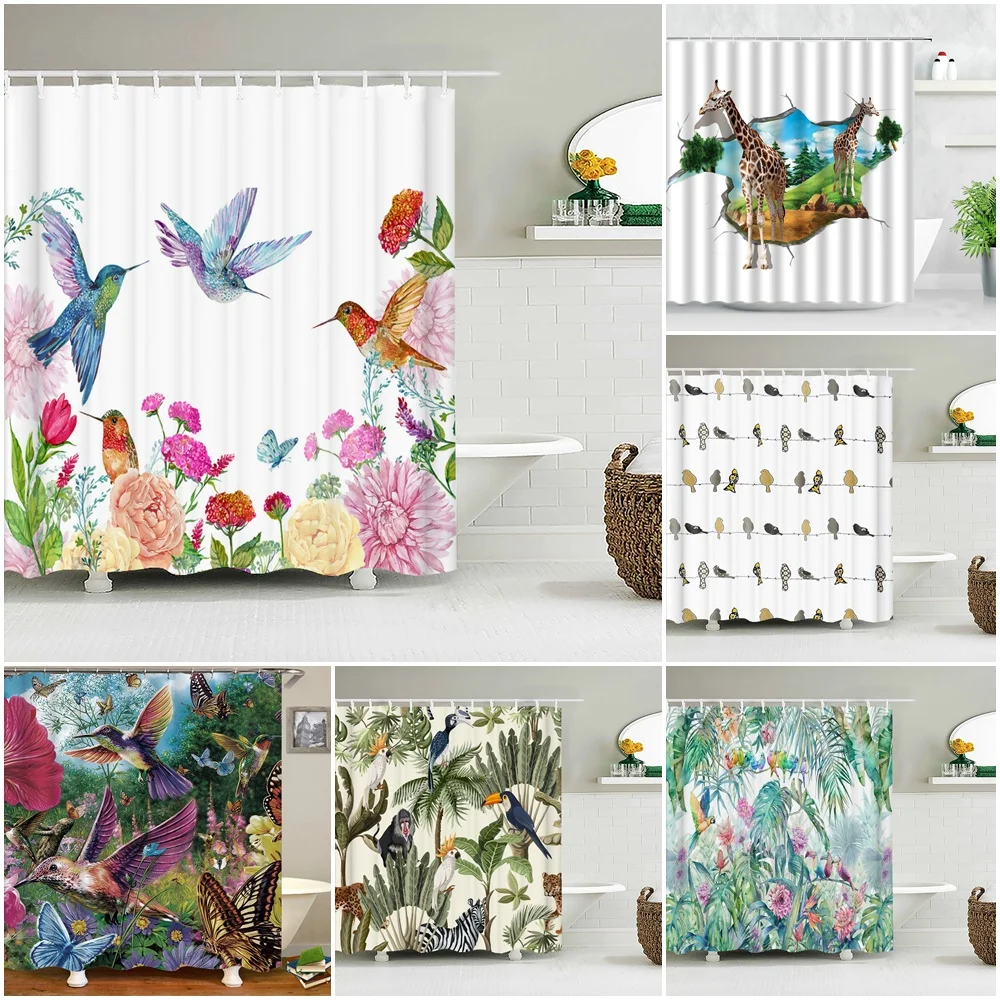 

Tropical Plants Hummingbird Flowers Fabric Shower Curtains Watercolor Floral Birds Animal Butterfly Bathroom Curtain Bath Screen