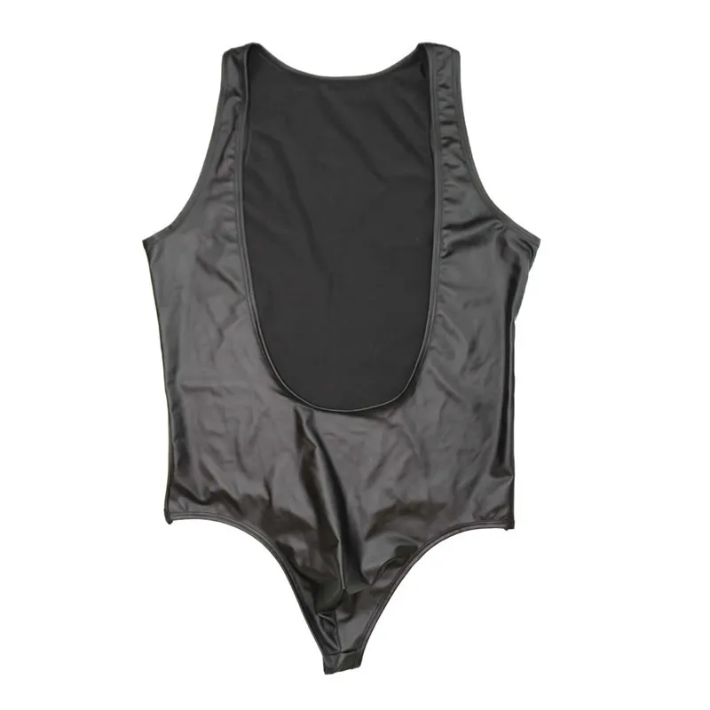 Men Bodysuit Wrestling Singlet Gay Jumpsuits PU Leather Bodycon Leotard Fetish Undershirts T-back Thong Penis Pouch Underwear