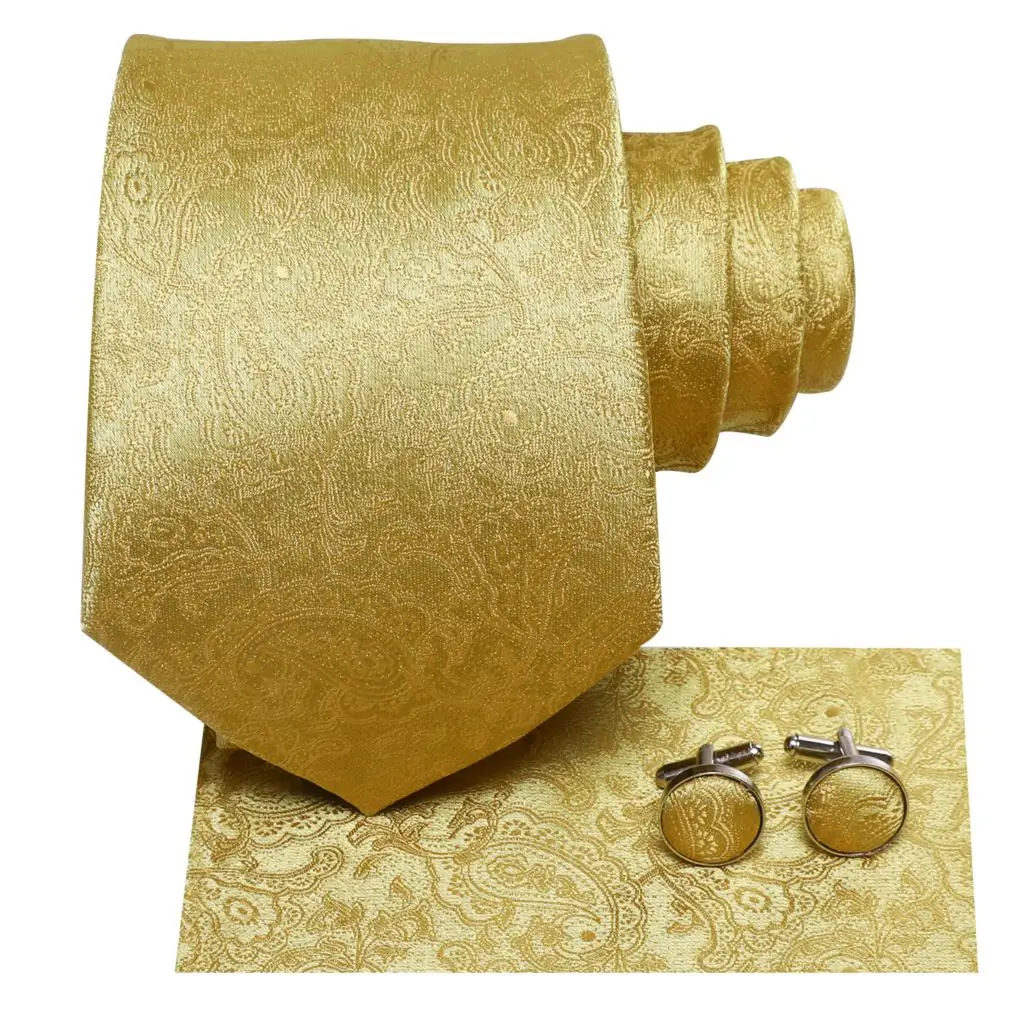 Hi-Tie Silk Men Tie Set Floral Yellow Gold Ties and Handkerchiefs Cufflinks Set Men's Wedding Party Suit Fashion Neck Tie C-3053