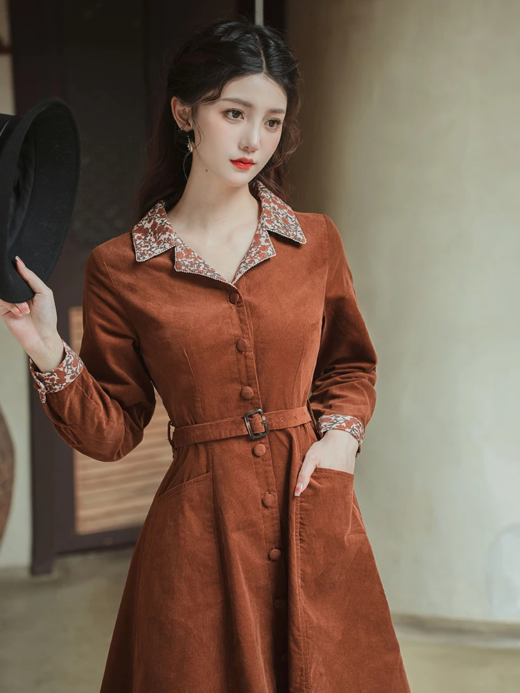 Modern Elegant Office Lady Outfits Vintage Turn Down Collar Woman Brown  Overcoat Dresses With Belt Vestidos Outono Inverno - AliExpress 200000345