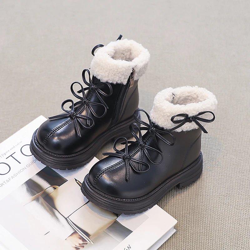 Girls Leather Ankle Boots with Bow Detail for Winter