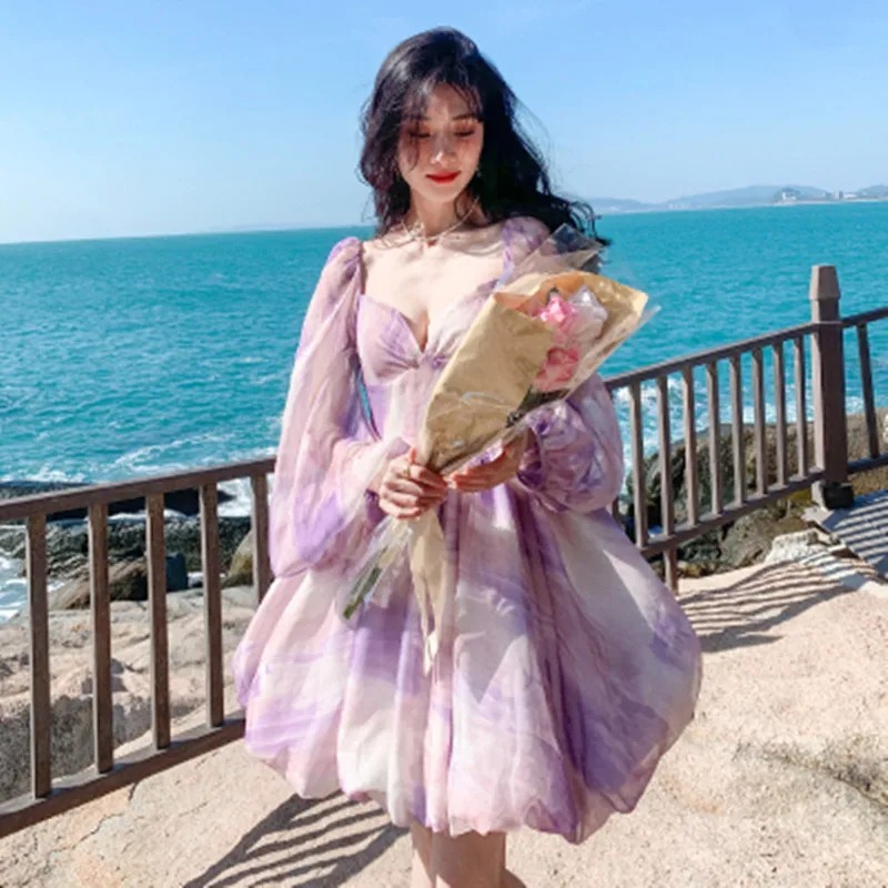 

New Sanya Beach Women's Seaside Holiday Backless Dress 2022 Summer Long Sleeve Purple Bow Holiday Dress Vestidos