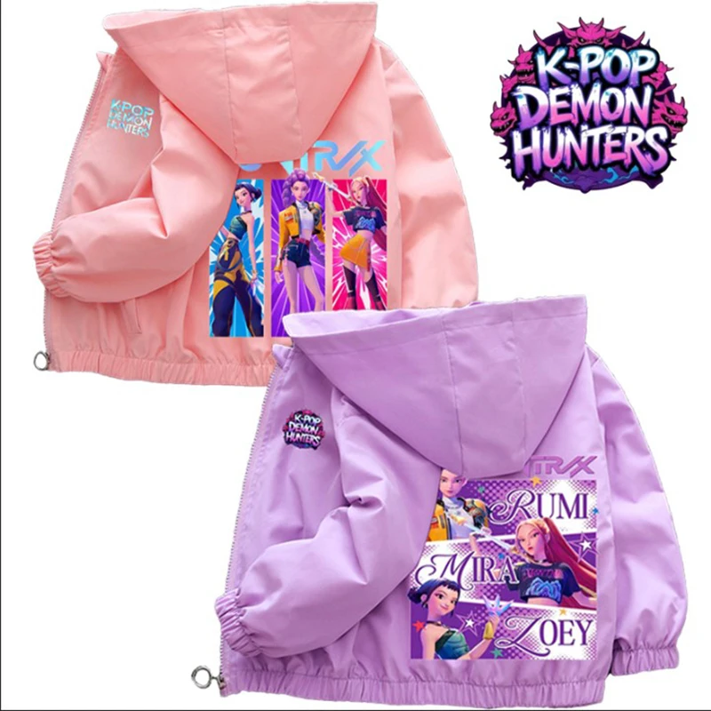 Veste coupe-vent pour enfants K-pop Demon Hunters Printemps Automne 2026, veste à capuche imprimée de dessins animés pour adolescentes, vêtements d'extérieur imperméables