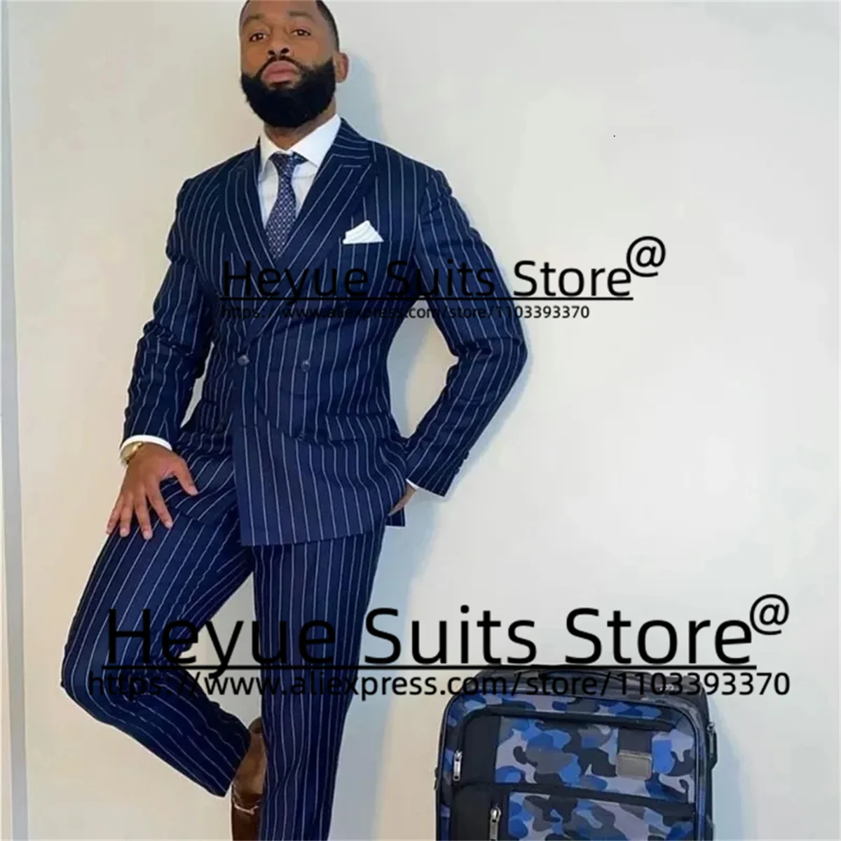 Business Stripe Elegant Men Suits Slim Fit Peak Lapel Groom Formal Tuxedos 2 Pcs Sets Double-breasted Male Blazer Costume Homme