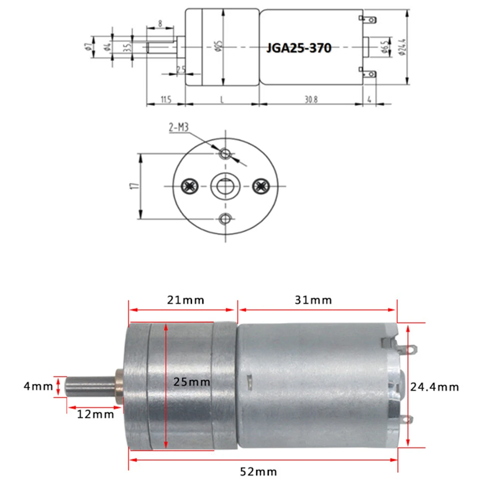 Gear motor JGA25-370 Geared motor DC motor 6V 12V 24V electric gear high torque 16/26/35/60/77/130/170/280/620/1360rpm