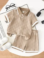 Ensemble de shorts décontractés d'été pour garçons, couleur unie kaki, demi-cardigan, t-shirt et short de la même couleur, ensemble léger pour les vacances d'été des enfants 1