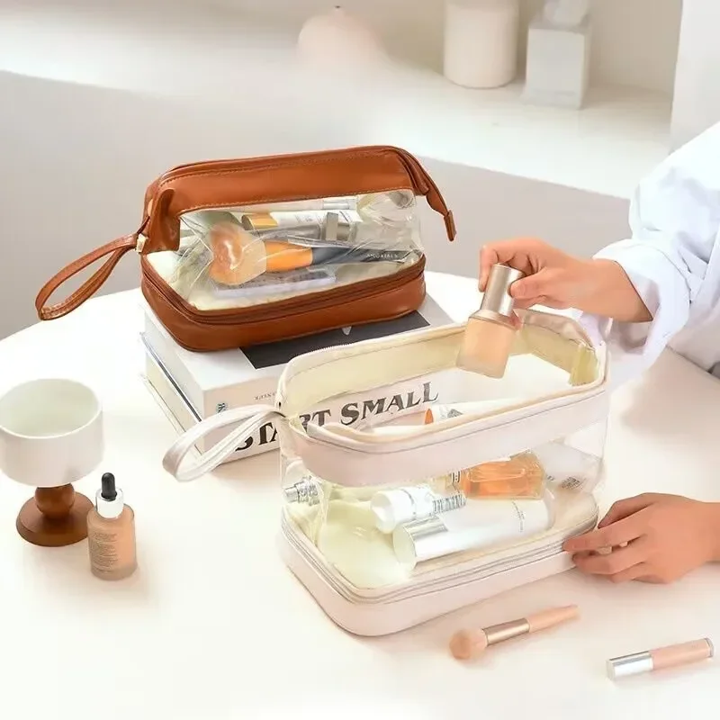 

Transparent Makeup Bag Portable Makeup Bag Large Capacity Makeup Bag High Appearance Level Double Layer Transparent PU Wash
