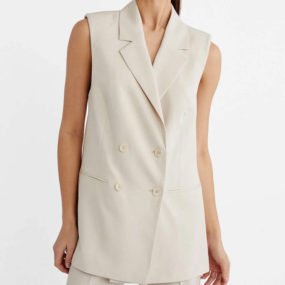 Women's Tailored Vest With Pocket Casual Flat Collar Sleeveless Double Breasted Loose Coats Jackets Clothing